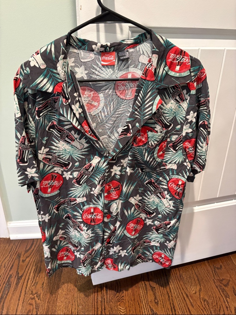 Coca Cola Black Shirt with Red & Green Tropical Print Button-Down